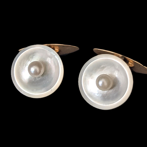 Fine Vintage 14K Gold Mother of Pearl Cufflinks w/ Pearl Accents Whale Back