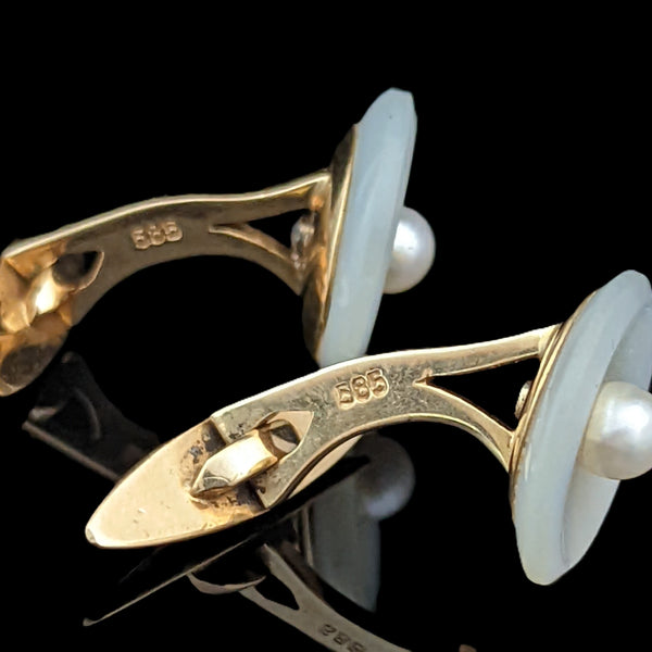Fine Vintage 14K Gold Mother of Pearl Cufflinks w/ Pearl Accents Whale Back
