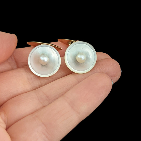 Fine Vintage 14K Gold Mother of Pearl Cufflinks w/ Pearl Accents Whale Back