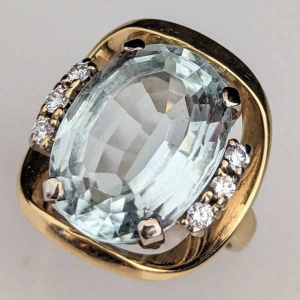 GIA 8CT Aquamarine Diamonds 18k Yellow Gold Cocktail Ring Vintage Retro 1940-60s