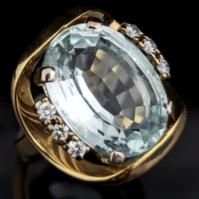 GIA 8CT Aquamarine Diamonds 18k Yellow Gold Cocktail Ring Vintage Retro 1940-60s