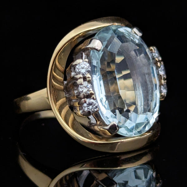 GIA 8CT Aquamarine Diamonds 18k Yellow Gold Cocktail Ring Vintage Retro 1940-60s