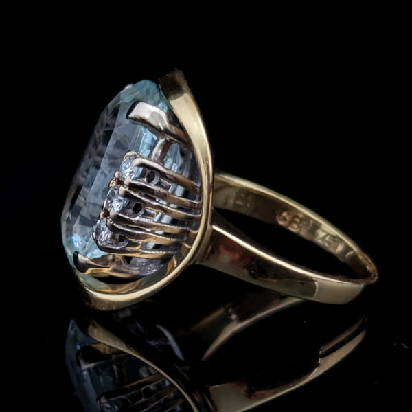 GIA 8CT Aquamarine Diamonds 18k Yellow Gold Cocktail Ring Vintage Retro 1940-60s