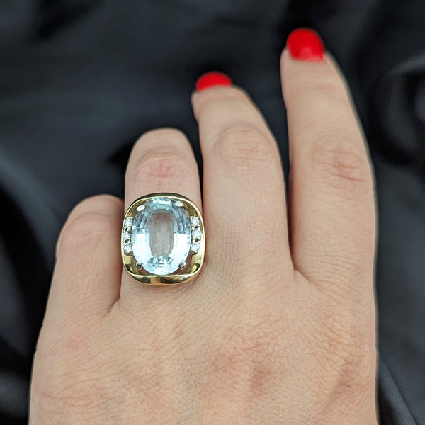 GIA 8CT Aquamarine Diamonds 18k Yellow Gold Cocktail Ring Vintage Retro 1940-60s