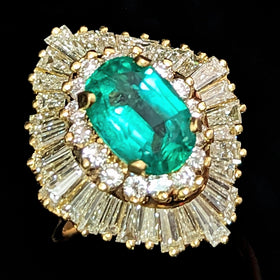GIA Cert 2.5ct Emerald Diamonds 18k Yellow Gold Cocktail Ballerina Ring Vintage