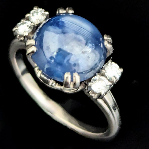 GIA c1950s Natural NO HEAT 6ct Star Sapphire Diamonds Palladium Ring Vintage Layaway