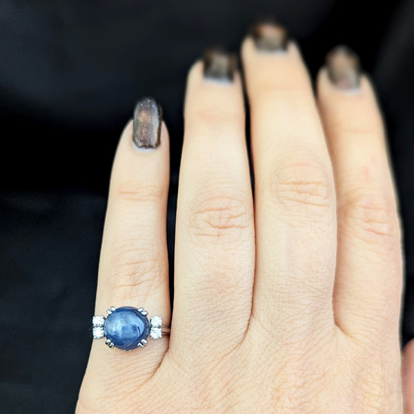 GIA c1950s Natural NO HEAT 6ct Star Sapphire Diamonds Palladium Ring Vintage Layaway