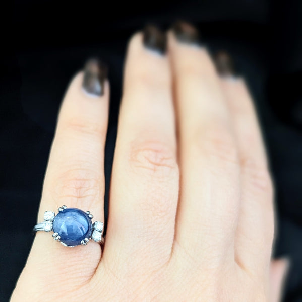 GIA c1950s Natural NO HEAT 6ct Star Sapphire Diamonds Palladium Ring Vintage Layaway