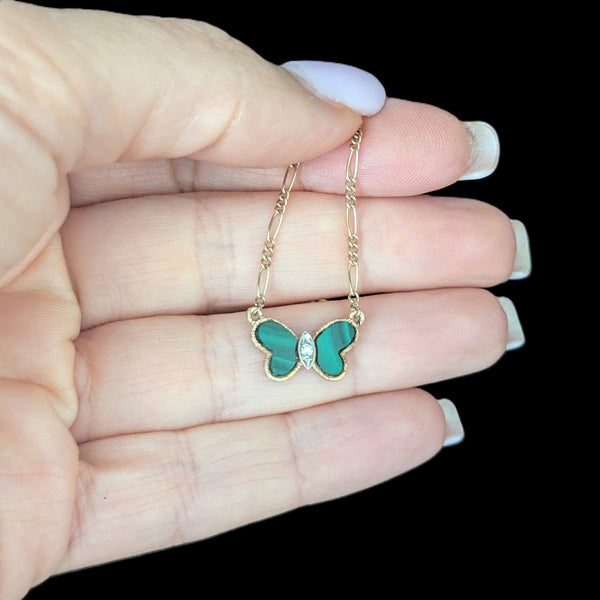 HAMMERMAN BROTHERS Diamond Malachite 14k Yellow Gold Butterfly Necklace Vintage  in hand
