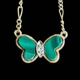 HAMMERMAN BROTHERS Diamond Malachite 14k Yellow Gold Butterfly Necklace Vintage 