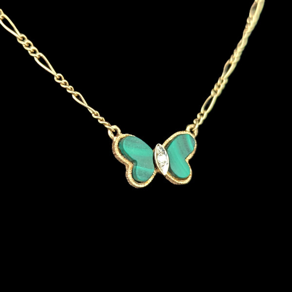 HAMMERMAN BROTHERS Diamond Malachite 14k Yellow Gold Butterfly Necklace Vintage 