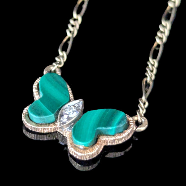 HAMMERMAN BROTHERS Diamond Malachite 14k Yellow Gold Butterfly Necklace Vintage 