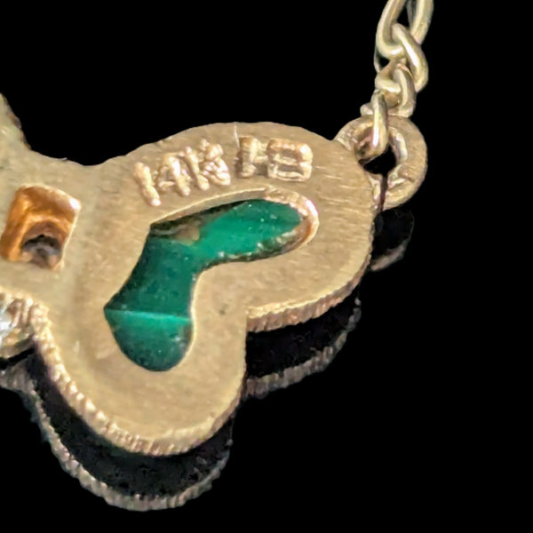 HAMMERMAN BROTHERS Diamond Malachite 14k Yellow Gold Butterfly Necklace Vintage  maker's mark HB hallmark 14k closeup