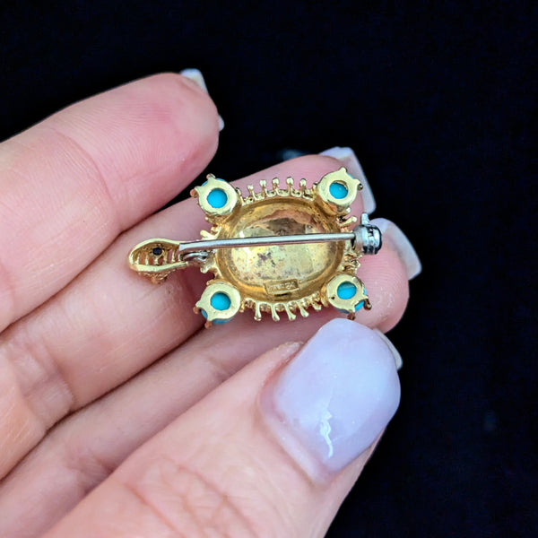 HAMMERMAN BROTHERS Turtle Brooch 18k Gold Sapphire Turquoise Enamel Vintage Gift