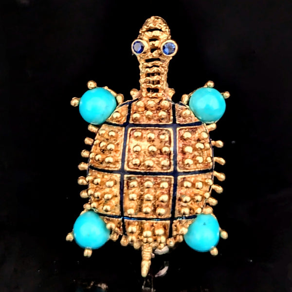 HAMMERMAN BROTHERS Turtle Brooch 18k Gold Sapphire Turquoise Enamel Vintage Gift