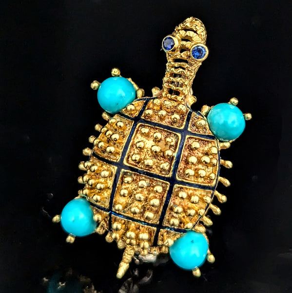 HAMMERMAN BROTHERS Turtle Brooch 18k Gold Sapphire Turquoise Enamel Vintage Gift