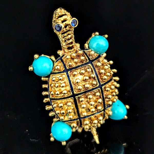 HAMMERMAN BROTHERS Turtle Brooch 18k Gold Sapphire Turquoise Enamel Vintage Gift