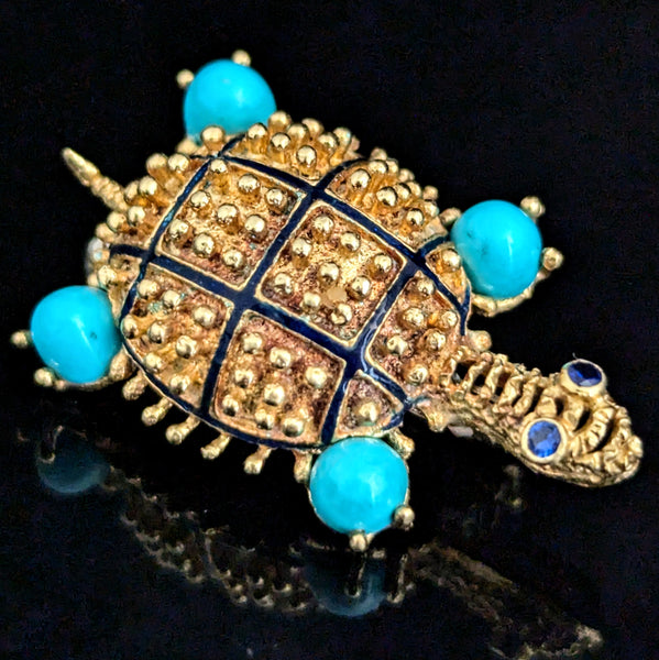 HAMMERMAN BROTHERS Turtle Brooch 18k Gold Sapphire Turquoise Enamel Vintage Gift