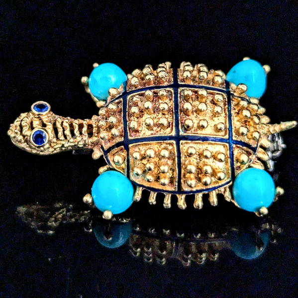 HAMMERMAN BROTHERS Turtle Brooch 18k Gold Sapphire Turquoise Enamel Vintage Gift