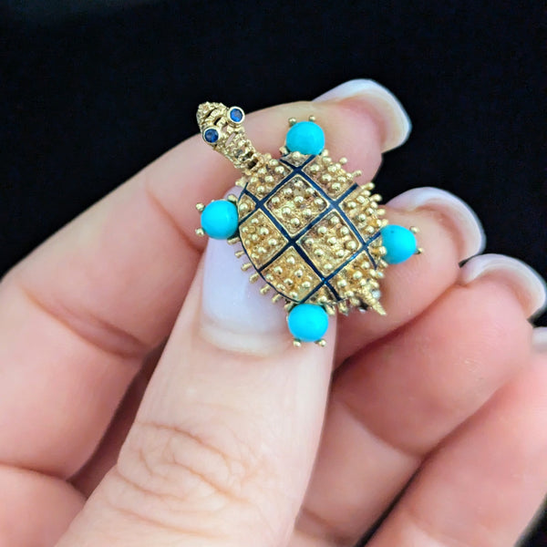 HAMMERMAN BROTHERS Turtle Brooch 18k Gold Sapphire Turquoise Enamel Vintage Gift