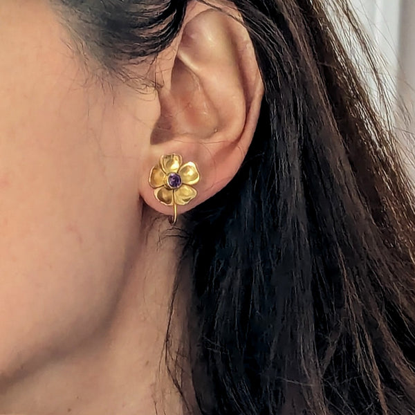 HARRY S. BICK Vintage Amethyst 14k Yellow Gold Non Pierced Earrings Wild Flowers 
