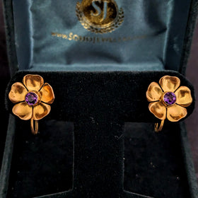 HARRY S. BICK Vintage Amethyst 14k Yellow Gold Non Pierced Earrings Wild Flowers 