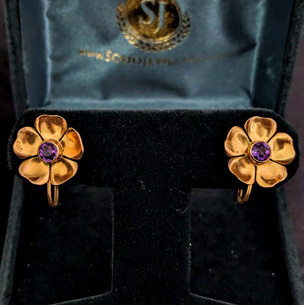 HARRY S. BICK Vintage Amethyst 14k Yellow Gold Non Pierced Earrings Wild Flowers 
