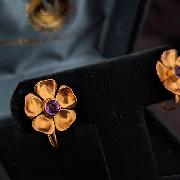 HARRY S. BICK Vintage Amethyst 14k Yellow Gold Non Pierced Earrings Wild Flowers 