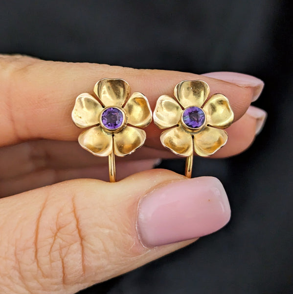 HARRY S. BICK Vintage Amethyst 14k Yellow Gold Non Pierced Earrings Wild Flowers 