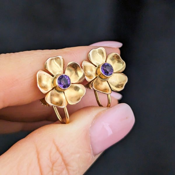 HARRY S. BICK Vintage Amethyst 14k Yellow Gold Non Pierced Earrings Wild Flowers 