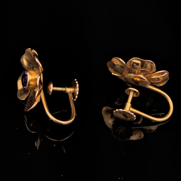 HARRY S. BICK Vintage Amethyst 14k Yellow Gold Non Pierced Earrings Wild Flowers 