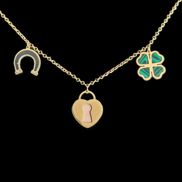 Italian 14k Gold Portafortuna Lucky Charm Necklace Clover Ladybug Horseshoe Lock 