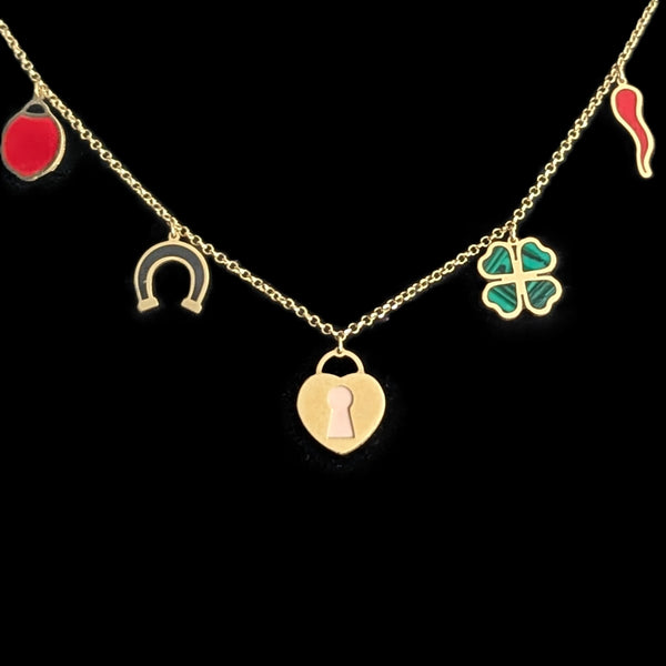 Italian 14k Gold Portafortuna Lucky Charm Necklace Clover Ladybug Horseshoe Lock 
