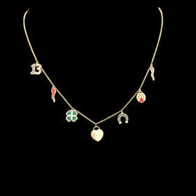 Italian 14k Gold Portafortuna Lucky Charm Necklace Clover Ladybug Horseshoe Lock 