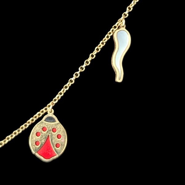 Italian 14k Gold Portafortuna Lucky Charm Necklace Clover Ladybug Horseshoe Lock 