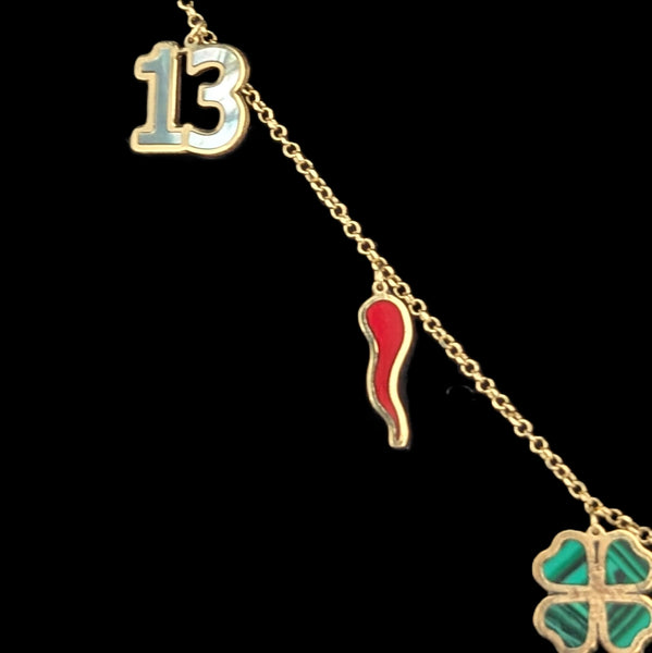 Italian 14k Gold Portafortuna Lucky Charm Necklace Clover Ladybug Horseshoe Lock 