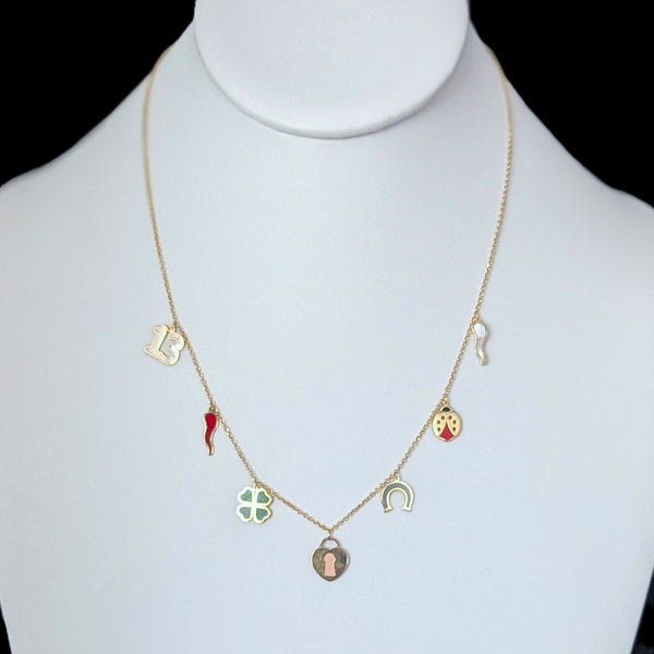 Italian 14k Gold Portafortuna Lucky Charm Necklace Clover Ladybug Horseshoe Lock 