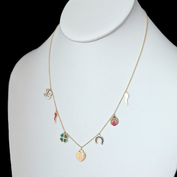 Italian 14k Gold Portafortuna Lucky Charm Necklace Clover Ladybug Horseshoe Lock 