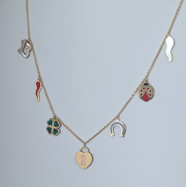 Italian 14k Gold Portafortuna Lucky Charm Necklace Clover Ladybug Horseshoe Lock 