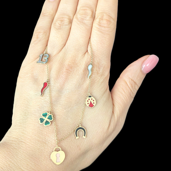 Italian 14k Gold Portafortuna Lucky Charm Necklace Clover Ladybug Horseshoe Lock 