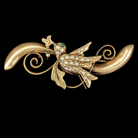Antique 10k Yellow Gold Seed Pearls Gem Swallow Bird Brooch Pin Estate Jewelry