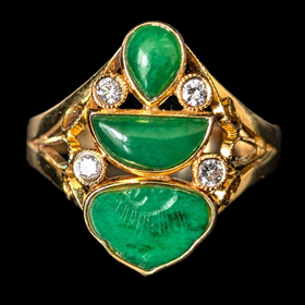 Aversa - Vintage Carved Jade Diamonds 14k Yellow Gold Cocktail Ring