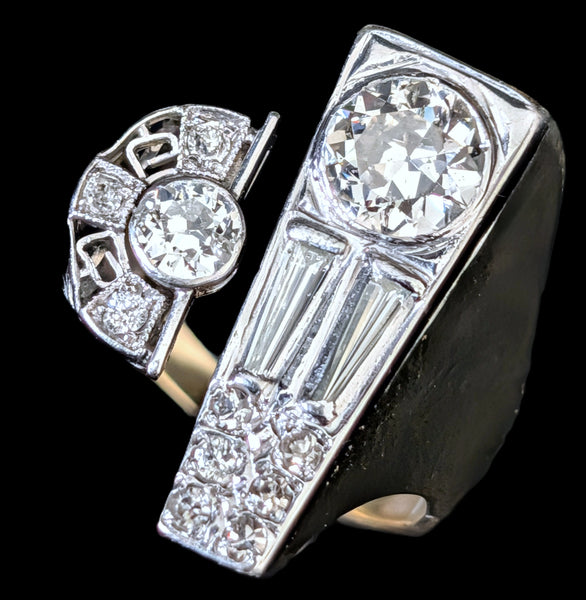 1940s Old European Cut Diamonds 14k Gold Platinum Cocktail Ring Vintage Retro 