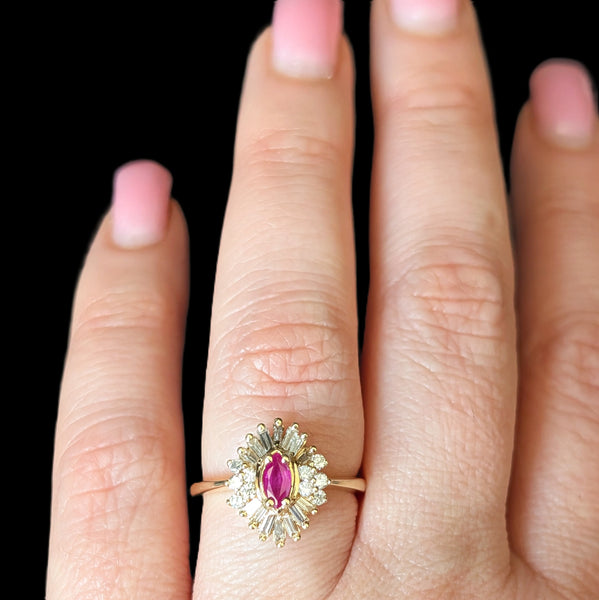 Vintage Ruby Diamonds 14k Yellow Gold Ballerina Ring Baguette Retro Estate 