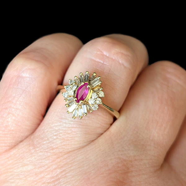 Vintage Ruby Diamonds 14k Yellow Gold Ballerina Ring Baguette Retro Estate 