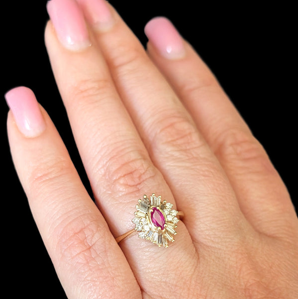 Vintage Ruby Diamonds 14k Yellow Gold Ballerina Ring Baguette Retro Estate 