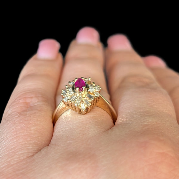 Vintage Ruby Diamonds 14k Yellow Gold Ballerina Ring Baguette Retro Estate 
