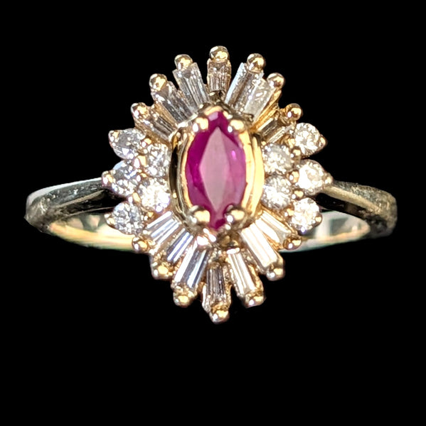 Vintage Ruby Diamonds 14k Yellow Gold Ballerina Ring Baguette Retro Estate 