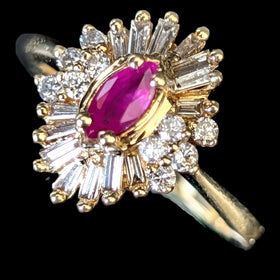 Vintage Ruby Diamonds 14k Yellow Gold Ballerina Ring Baguette Retro Estate 