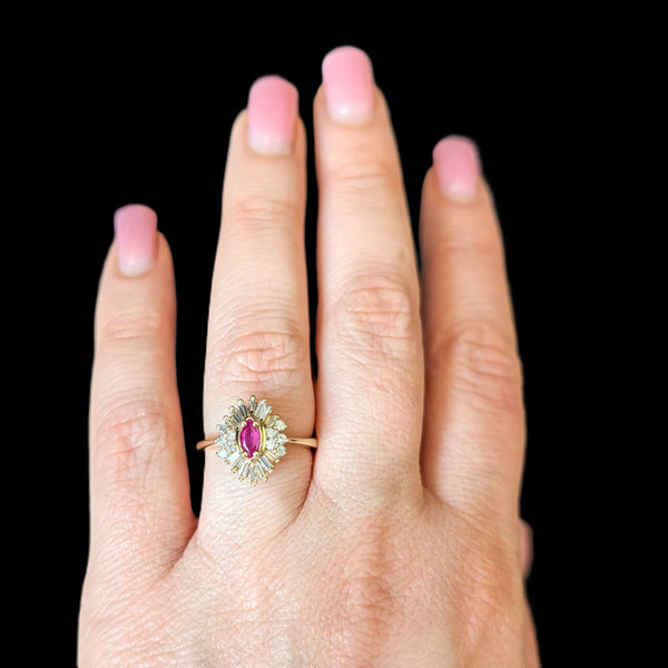 Vintage Ruby Diamonds 14k Yellow Gold Ballerina Ring Baguette Retro Estate 